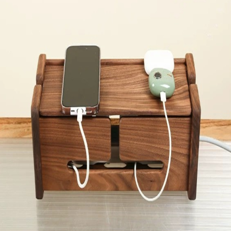 Surge Protector Rack - Black Walnut Flip Cover Cable Organizer,