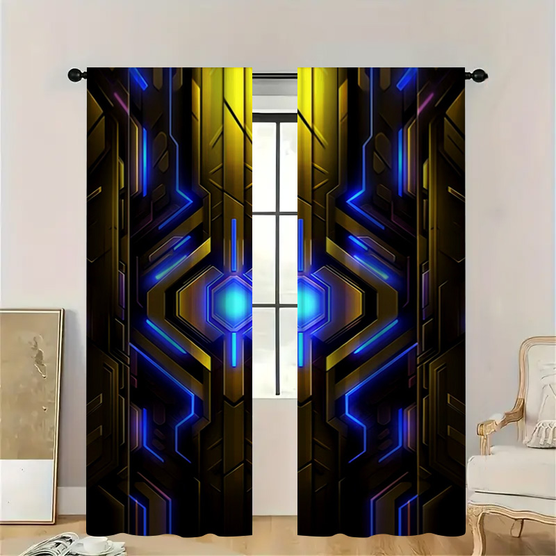 2pcs Geometric Tech Curtains w - Office Print Tech avaliação e preço
